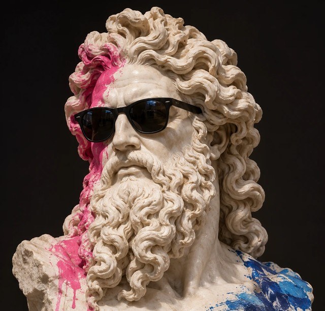ΜΥΘΟΣ, our statue: a marble Greek bust in black sunglasses, splashed with pink and blue paint